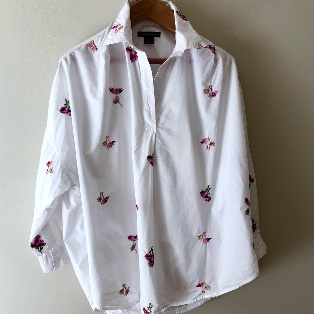 French Connection White Cotton Blouse with Pink Floral Embroidery